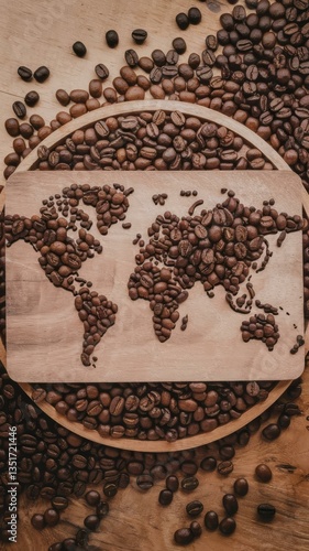 World map made of roasted coffee beans, top view
