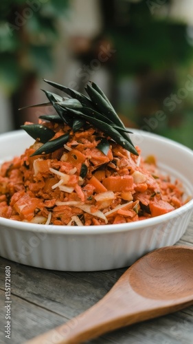 Dish of spicy papaya salad on white