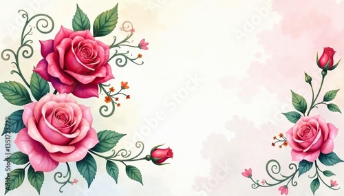Intricate watercolor roses, swirling vines, soft hues, design element, vine