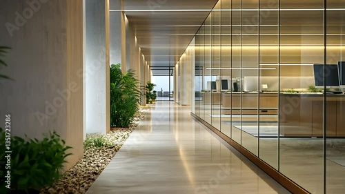Modern office hallway with plants and glass dividers