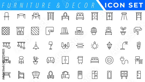 furniture icons, house decor icons, living room, bedroom, office, dining room, furniture icon set, editable stroke line, home decor icons, outline interior design elements, home appliances symbols