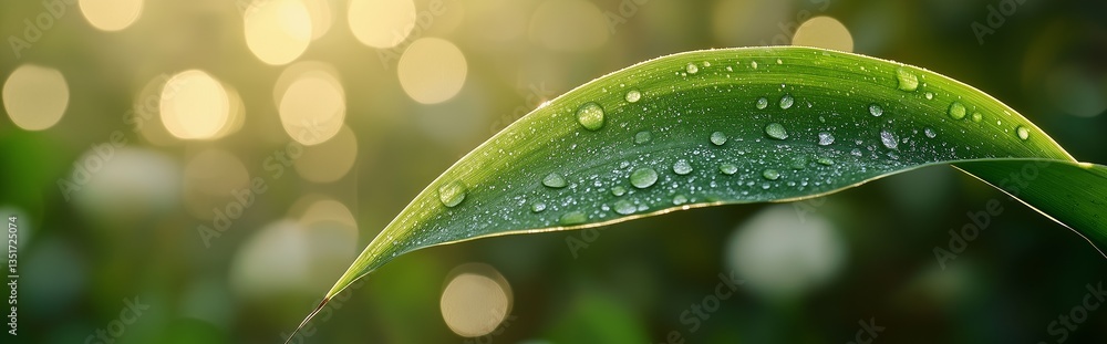 A vibrant green bamboo leaf on Lixia with dewdrops, as soft warm sunlight highlights its texture, against a background of blurred seasonal flowers, creating a minimalist and refreshing summer atmosphe A vibrant green bamboo leaf on Lixia with dewdrops, as soft warm sunlight highlights its texture, against a background of blurred seasonal flowers, creating a minimalist and refreshing summer atmosphe