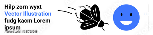 Blue smiling face emotion alongside a dynamic flying black fly with motion lines. Ideal for humor, contrast, nature, expression, minimalism, emojis, simple landing page