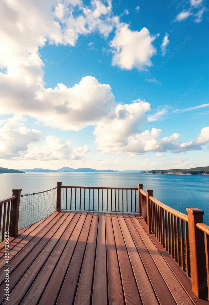 Obraz premium Elevated wooden deck overlooking serene lake, vibrant blue sky with fluffy white clouds, scenic, travel