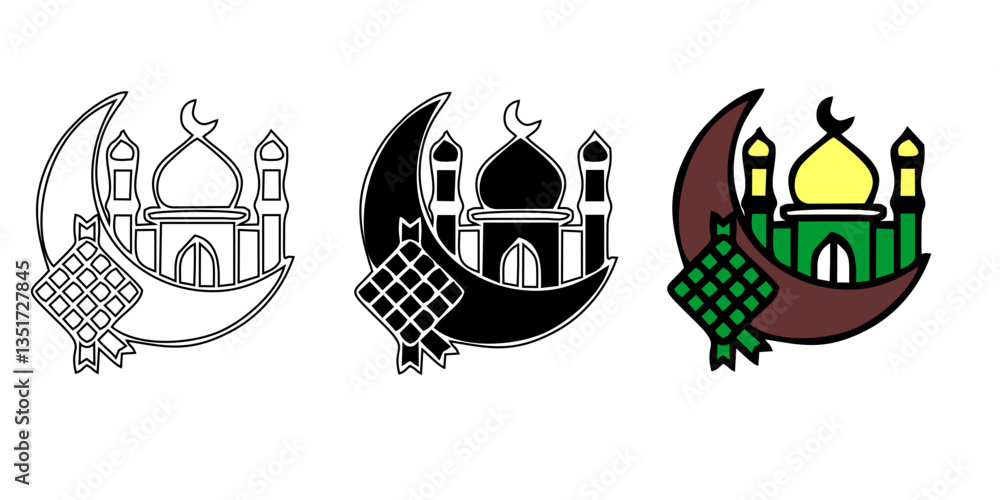 Obraz premium Collection of elements in the oriental style of Ramadan Kareem and Eid Mubarak, Islamic windows, arches, stars and moon, mosque doors, mosque domes and lanterns