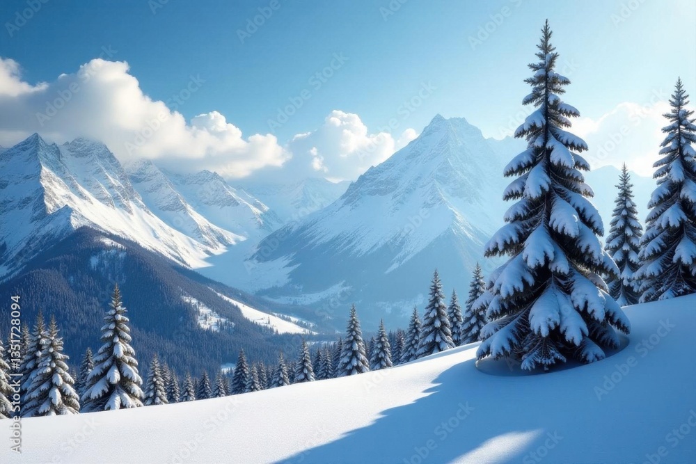 Towering snow-dusted pines dominate a remote, mountainous winter scene , white, forest Towering snow-dusted pines dominate a remote, mountainous winter scene , white, forest