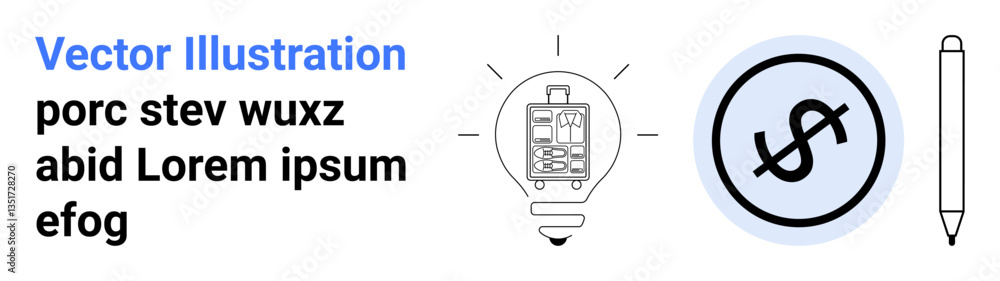 Lightbulb with device sketch, dollar sign in a circle, and pen. Ideal for innovation, creativity, technology, finance, brainstorming, education simple landing page Lightbulb with device sketch, dollar sign in a circle, and pen. Ideal for innovation, creativity, technology, finance, brainstorming, education simple landing page