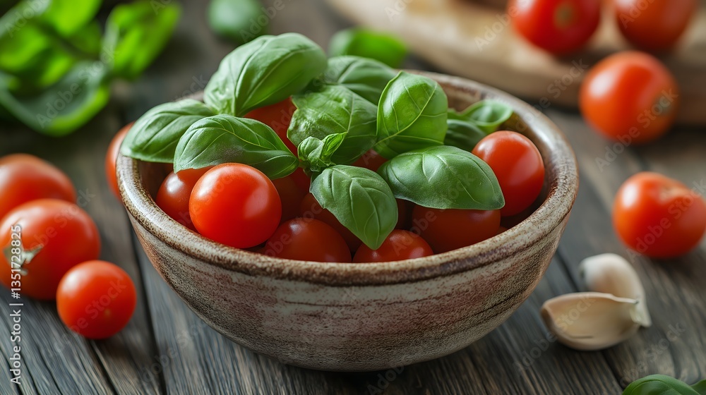 Fresh basil leaves and ripe cherry tomatoes in a ceramic bowl on a rustic wooden table, creating a vibrant culinary scene Fresh basil leaves and ripe cherry tomatoes in a ceramic bowl on a rustic wooden table, creating a vibrant culinary scene