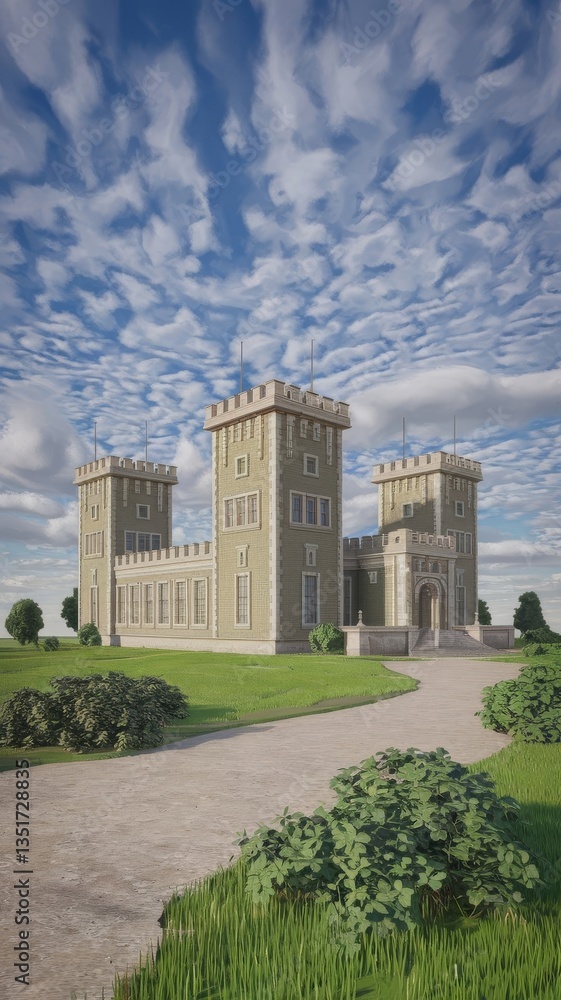 Palace with towers green fields with a path and bushes under a blue sky with white clouds 3d illustration Palace with towers green fields with a path and bushes under a blue sky with white clouds 3d illustration