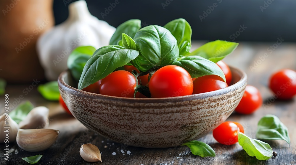 Fresh basil leaves and cherry tomatoes arranged in a ceramic bowl on a rustic wooden table with garlic cloves nearby Fresh basil leaves and cherry tomatoes arranged in a ceramic bowl on a rustic wooden table with garlic cloves nearby