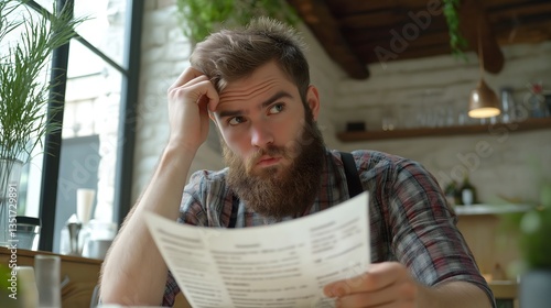Confused bearded man examines menu while sitting at a cafe with a contemporary design in the afternoon