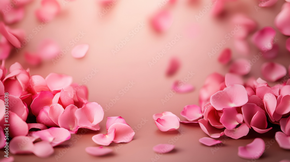 Fototapeta premium Romantic soft pink flower petals scattered beautifully on elegant light background for love themed designs