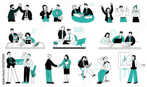 Office people sketch. Sketch business team corporate characters working, meeting and communicating, linear workers scenes. Vector busy people doodle set