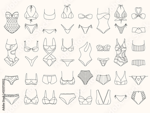 Outline woman underwear. Doodle female lingerie, girl sexy bra panties, fashion swimwear bikini clothes. Vector summer beach underwear collection