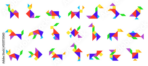 Tangram animals. Geometric traditional Chinese puzzle game with animal shapes, abstract geometry logic figures made of triangles squares parallelograms. Vector tangram set