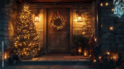Wallpaper Mural Rustic holiday porch warmly lit Christmas tree festive garland draped over entryway glowing lanterns wreath on the door elegant seasonal charm under soft light.  Torontodigital.ca