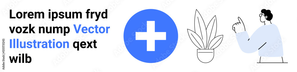 Person gesturing towards a blue health symbol next to text and a potted plant. Ideal for healthcare, education, minimalism, presentations, communication, consulting, flat landing page banner Person gesturing towards a blue health symbol next to text and a potted plant. Ideal for healthcare, education, minimalism, presentations, communication, consulting, flat landing page banner