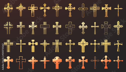 Golden crucifix. Christian crucifixion cross icon set, church religion symbols for easter holy day, religious spirituality and faith concept. Vector crosses collection