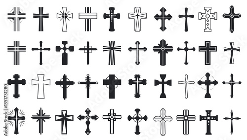 Christian cross. Religion crosses and church crucifixion, black christianity religious crucifix icons, catholic church shapes, cross-shape god holy sign. Vector isolated set