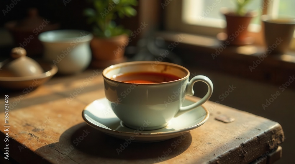 Fototapeta premium Warm morning sunlight illuminates a cup of tea on a rustic wooden table
