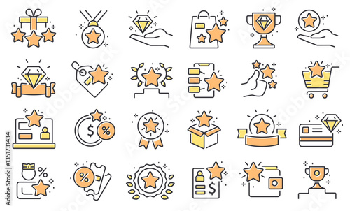 Star benefit icon. Reward premium quality line voucher, award loyalty program member card, star win prize symbols, coupon offer flat vector set