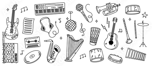 Doodle music instrument icons. Hand drawn funny guitar piano saxophone trumpet, childish sketchy musician melody tools elements. Vector instruments isolated set