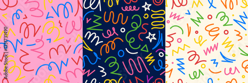 Confetti line pattern. Seamless kids birthday background, colorful print of scribble geometric shapes, abstract childish party wrapping paper print. Vector confetti texture