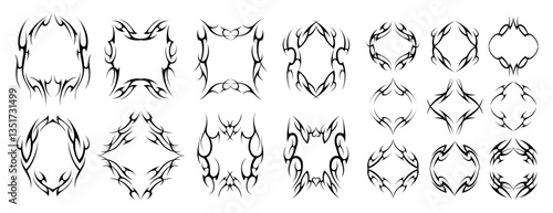 Gothic tribal frame. Ornament border abstract dark decorative silhouette, retro tribalistic demon ornate swirl elements for tattoo design. Vector tribal collection