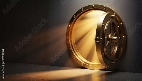 Golden vault door partially open with light shining for blogs, websites, financial themes, security education, digital illustrations, presentations, and investment-related materials