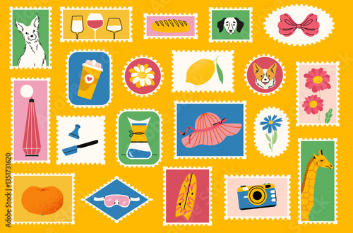 Summer travel stamp. Cartoon vacation postcard stamps, cute retro tourist mail label sticker with doodle dogs flowers and drinks. Vector postal perforated frames set