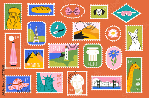 Travel sticker stamp. Vintage postcard label, retro postal stamps with country landmarks, cute post mail stickers with famous architecture for travel tour design. Vector collection