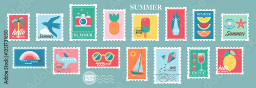 Postage stamps for summer travel postcards. Set of postal stickers, badges or icons in retro design. Vacation mood labels in flat design. Modern geometric vector illustration.