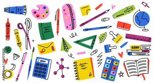 Cute school elements. Doodle Supplies and stationery, cartoon colorful icons, childish flat pencil notebook calculator ruler glue brush pen, back to school stuff. Vector set