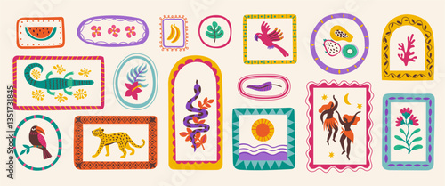 Abstract Hawaiian summer shapes. Vintage flowers fruits and leaves mosaic, cartoon tropical animals and people, tribal colorful ethnic collage style. Vector isolated set