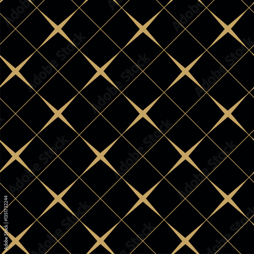 Abstract geometric pattern with squares, crosses, stripes, lines. Seamless vector background. Black and gold ornament. Modern reticulated graphic design.