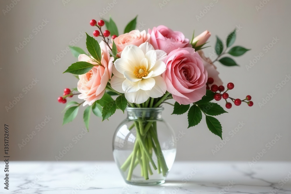 Naklejka premium A delicate arrangement of pastel roses and a creamy white flower in a clear glass vase, accented with vibrant red berries, sits on a pristine marble surface.
