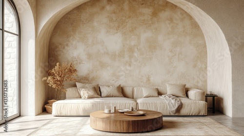 Round coffee table near a beige sofa against a stucco wall with an arched design