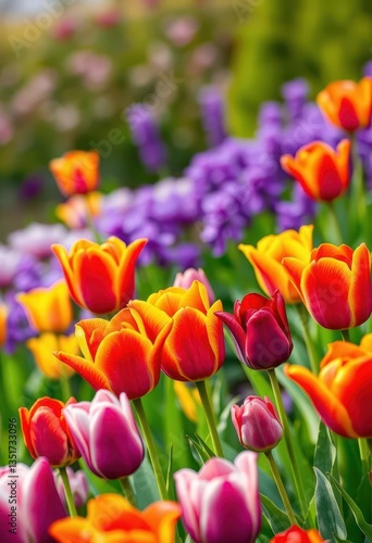 Vibrant red, yellow, and purple tulips blooming in a spring garden, blossom, beautiful, detail