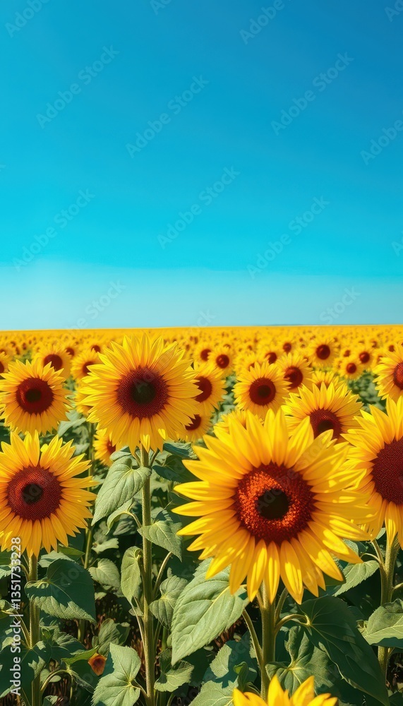 Fototapeta premium Vibrant yellow sunflowers in a vast field under a bright blue sky, outdoor, bloom, sunshine
