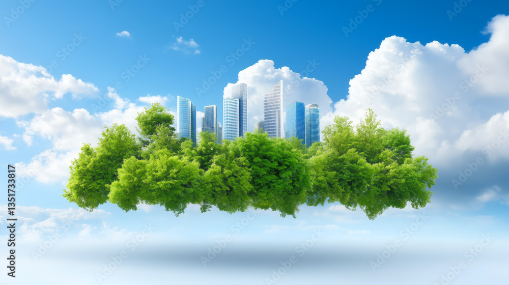 A striking view showcases a modern city skyline hovering above a vibrant cluster of green trees. The bright blue sky and billowy clouds enhance the illusion of harmony between urban life and nature A striking view showcases a modern city skyline hovering above a vibrant cluster of green trees. The bright blue sky and billowy clouds enhance the illusion of harmony between urban life and nature