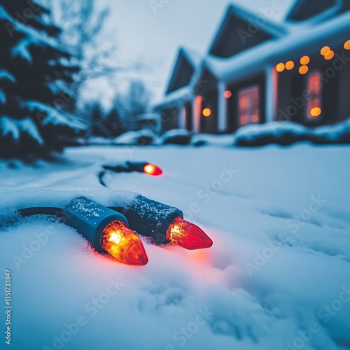 A string of illuminated lights on a snowy residential lawn