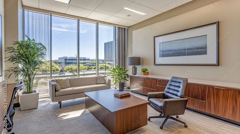 Fototapeta premium Sleek and bright office space featuring modern furniture neutral tones natural light streaming through large windows creating a productive and welcoming environment. 
