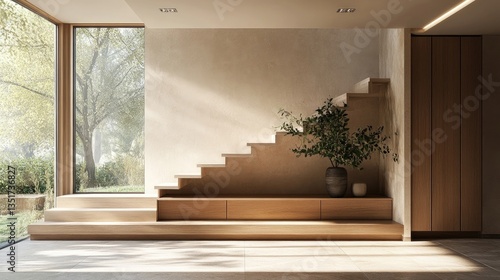 Wooden cabinet near a window and staircase in a modern entrance hall