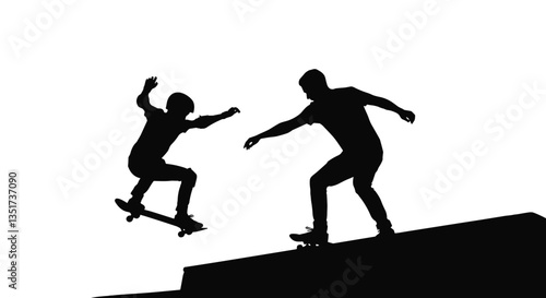 Skateboarder performing trick with friend supporting at a ramp, father and son