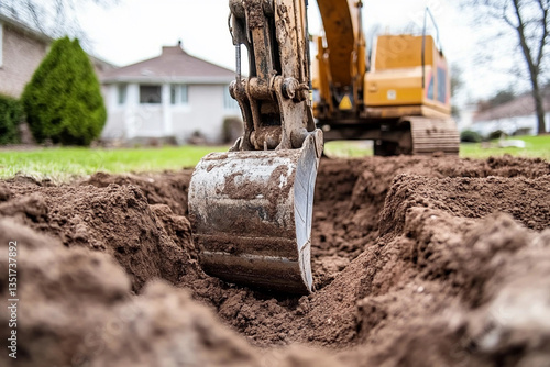 Excavator digging into earth at residential site revealing fresh soil and preparing for construction
