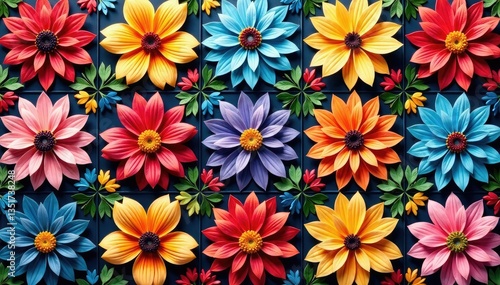 Bold floral motifs arranged in a tessellated square grid , grid, botanical, contemporary