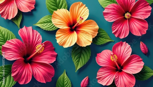 Bold tropical hibiscus blooms, vibrant seamless design, element, flower pattern