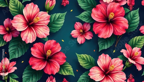 Bold, vibrant hibiscus blooms, tropical seamless design, tropical pattern, red, art