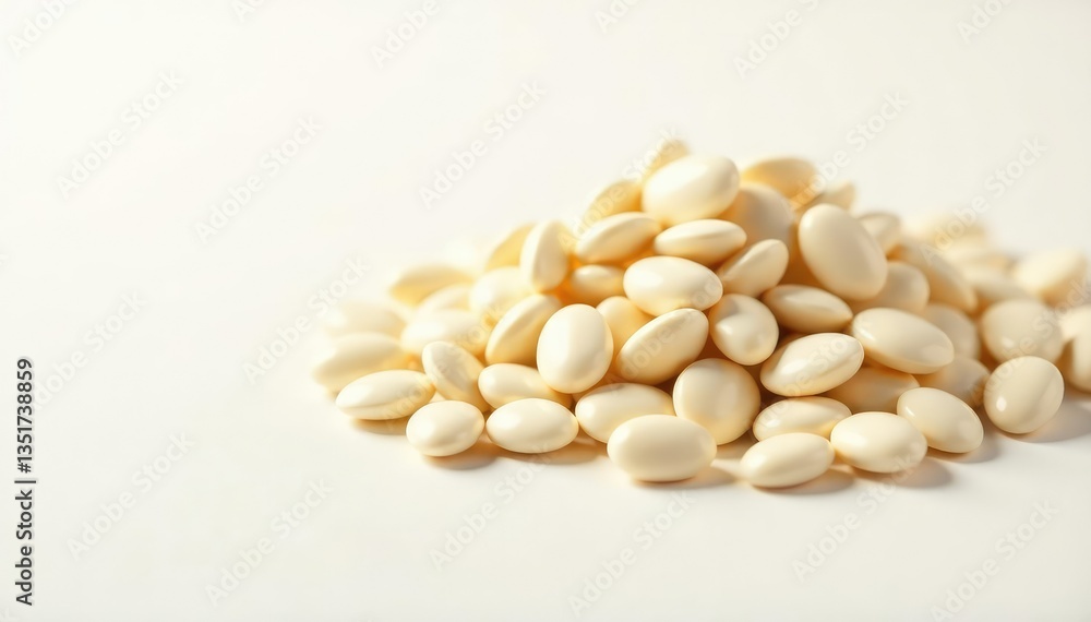 Close-up of a pile of white beans against a white backdrop, fava bean, organic Close-up of a pile of white beans against a white backdrop, fava bean, organic