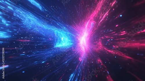 Cosmic clash blue & pink energy streams collide in dark space; background sparkles; for tech visuals